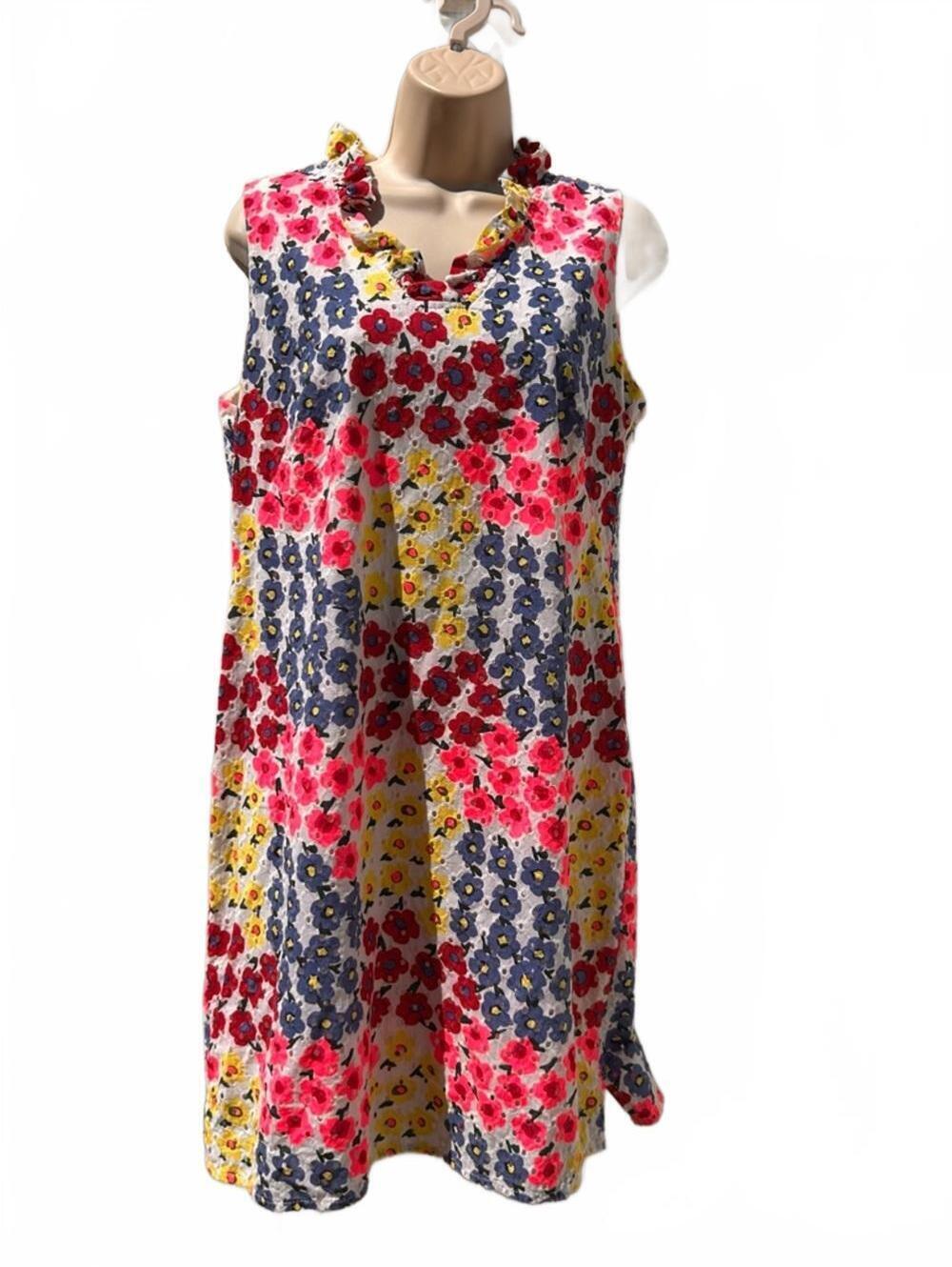 Talbots Sleeveless Neon Floral Eyelet Overlay Ruffle-Neck Dress | Size 12 Petite